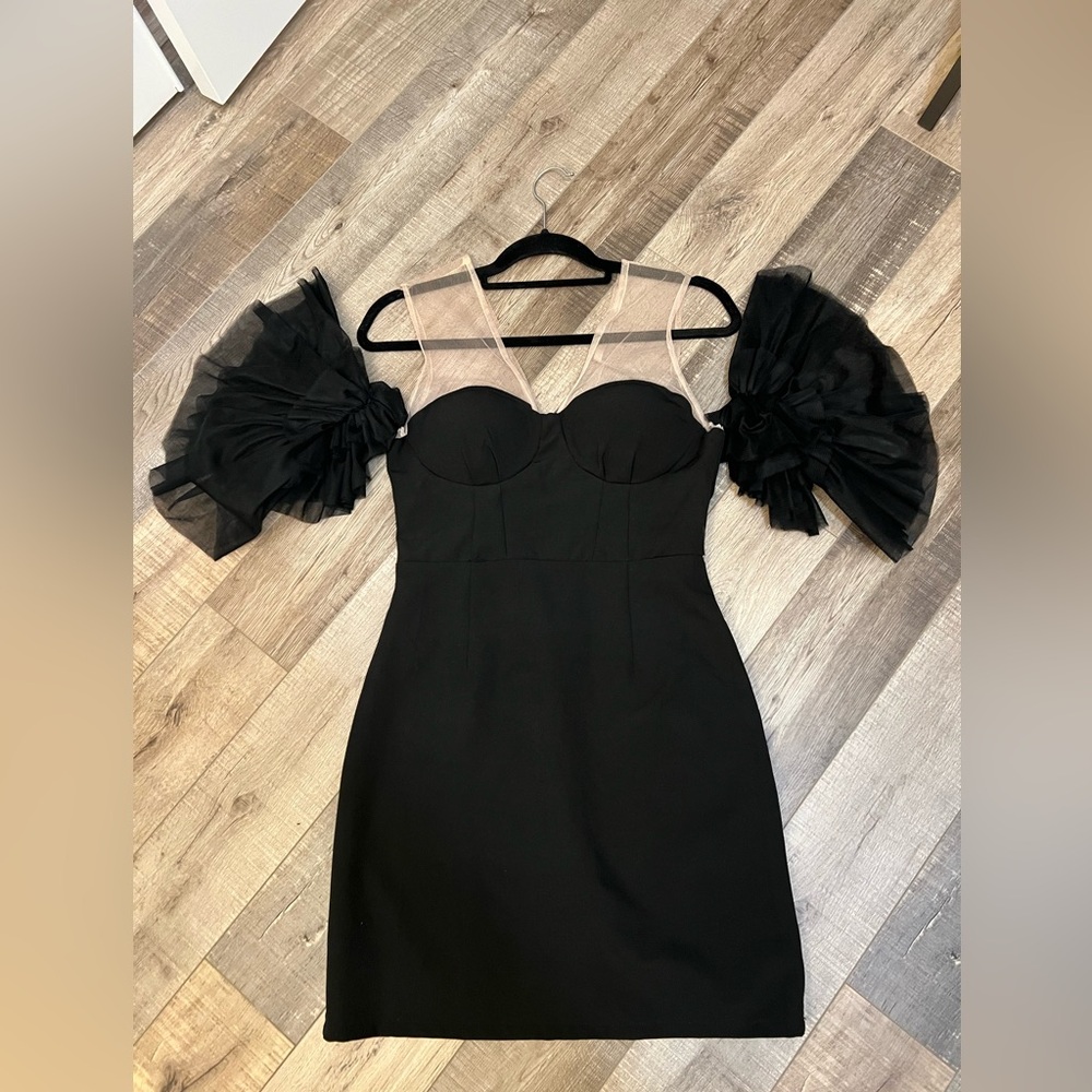 Gracia Black mini Dress with corset style top and Tulle Sleeves size S